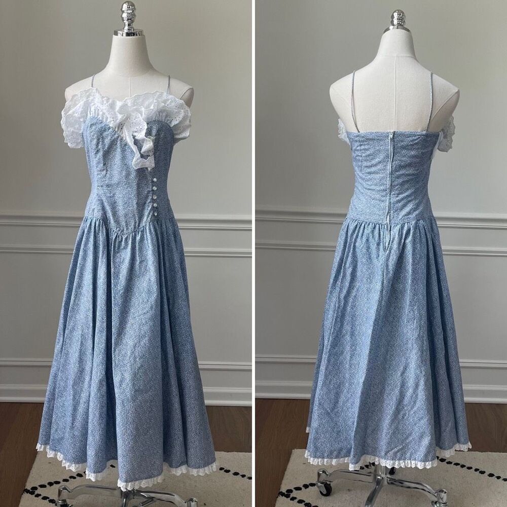 Vintage 80s Sweetheart Midi Fit Flare Romantic Feminine Dress Blue White Lace S